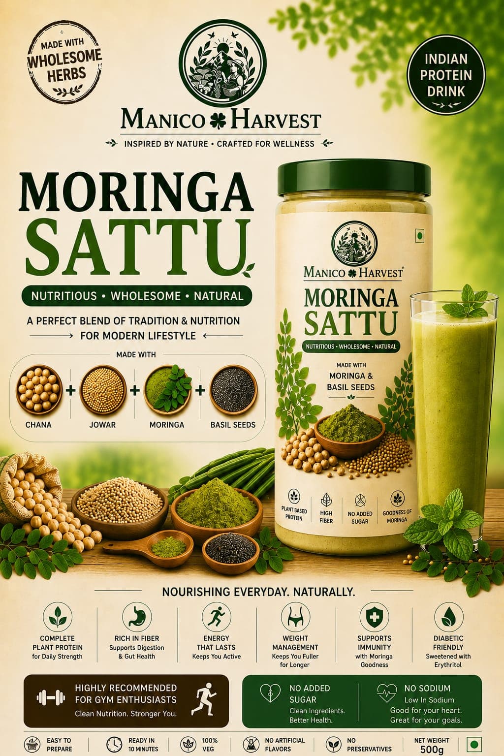 Moringa Sattu โ 500g plant-based protein